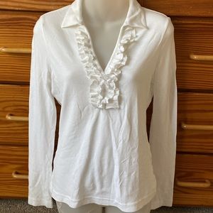 Tory Burch White long sleeve polo S v neck ruffle front cotton spandex